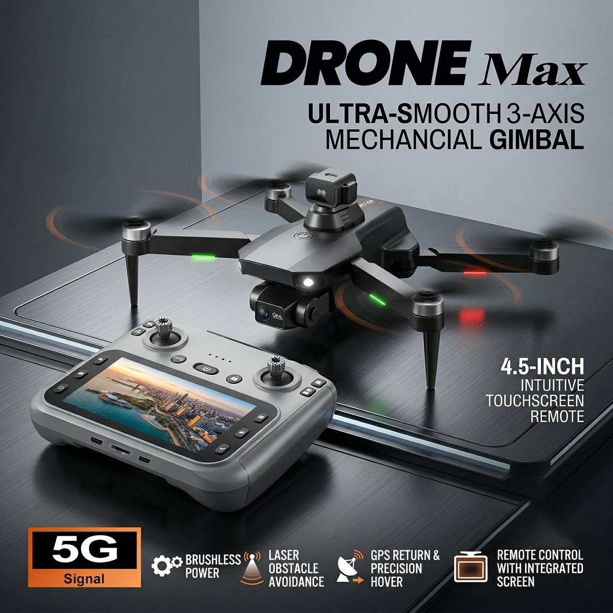 Pro 8K EIS Drone with 2-Axis Mechanical Gimbal, Optical Zoom, 5G Transmission, 4.5" Screen Remote, 40-Min Battery Life, 11811ft Control Range – Professional Aerial Camera Drone for Adults