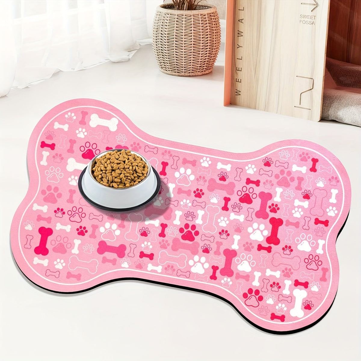 Dog Feeding Mat Non-Slip Quick-Dry Paw Print & Fishbone Design - Durable Polyester Pet Food & Water Bowl Pad for Small to Medium Dogs, Waterproof Easy-Clean Dog Placemat for Kitchen & Floor