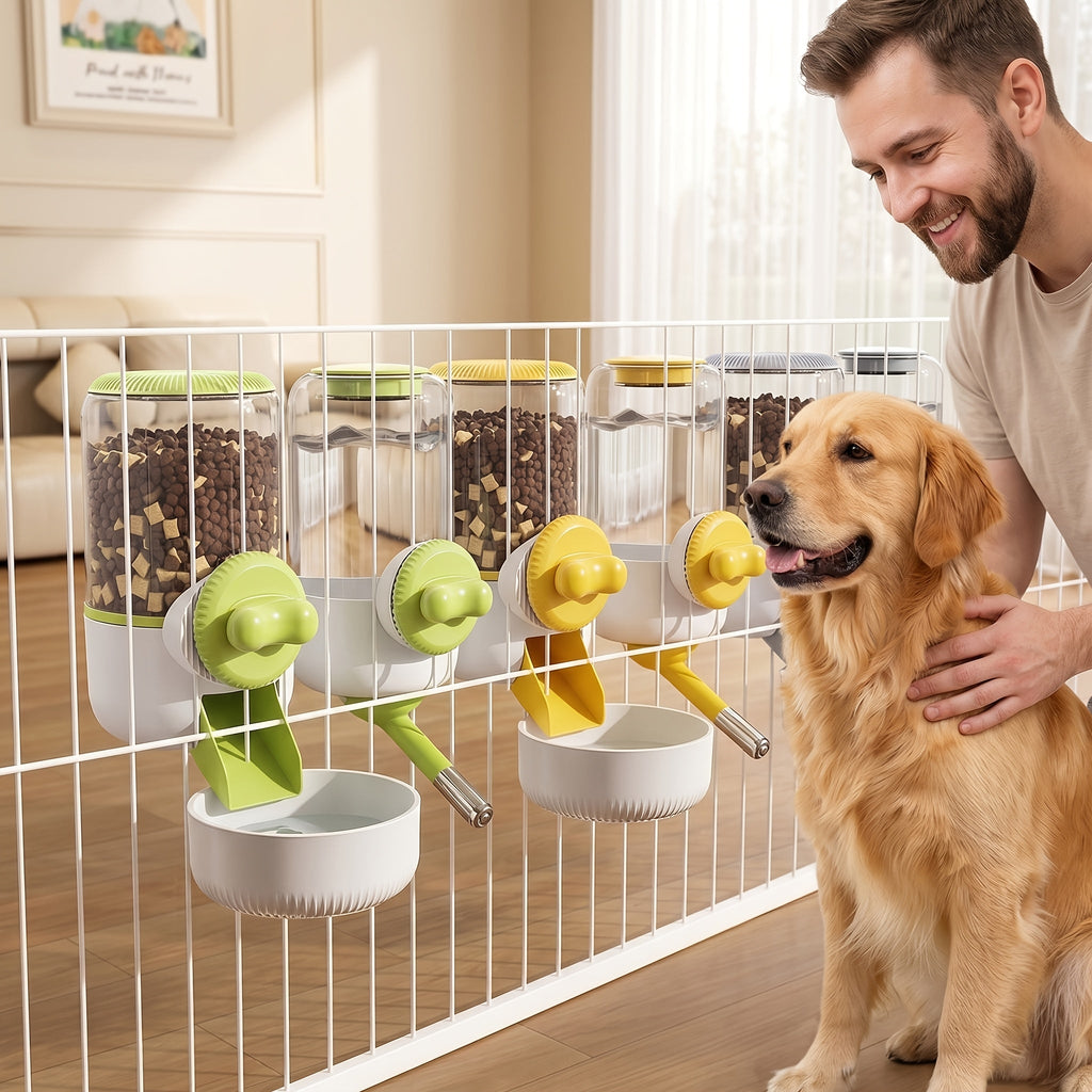 Hanging Gravity Pet Feeder and Water Bottle Set 2pc - 33.81oz Anti-Leak Ball Water Dispenser & Gravity Feeding Bowl for Cats Dogs Rabbits Small Pets - No Battery Needed Cage Mount Detachable