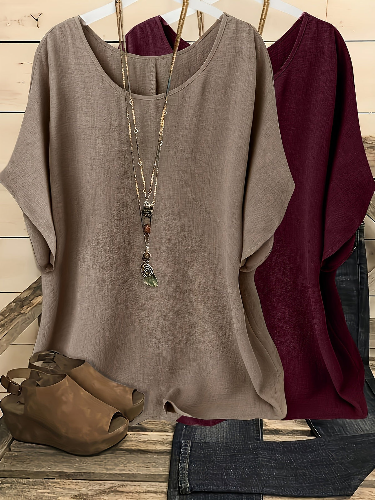 Women's Batwing Sleeve Shirt 2pcs Set Casual Vacation Round Neck Solid Color Loose Top S-XXL Multiple Colors | US Warehouse Fast Shipping