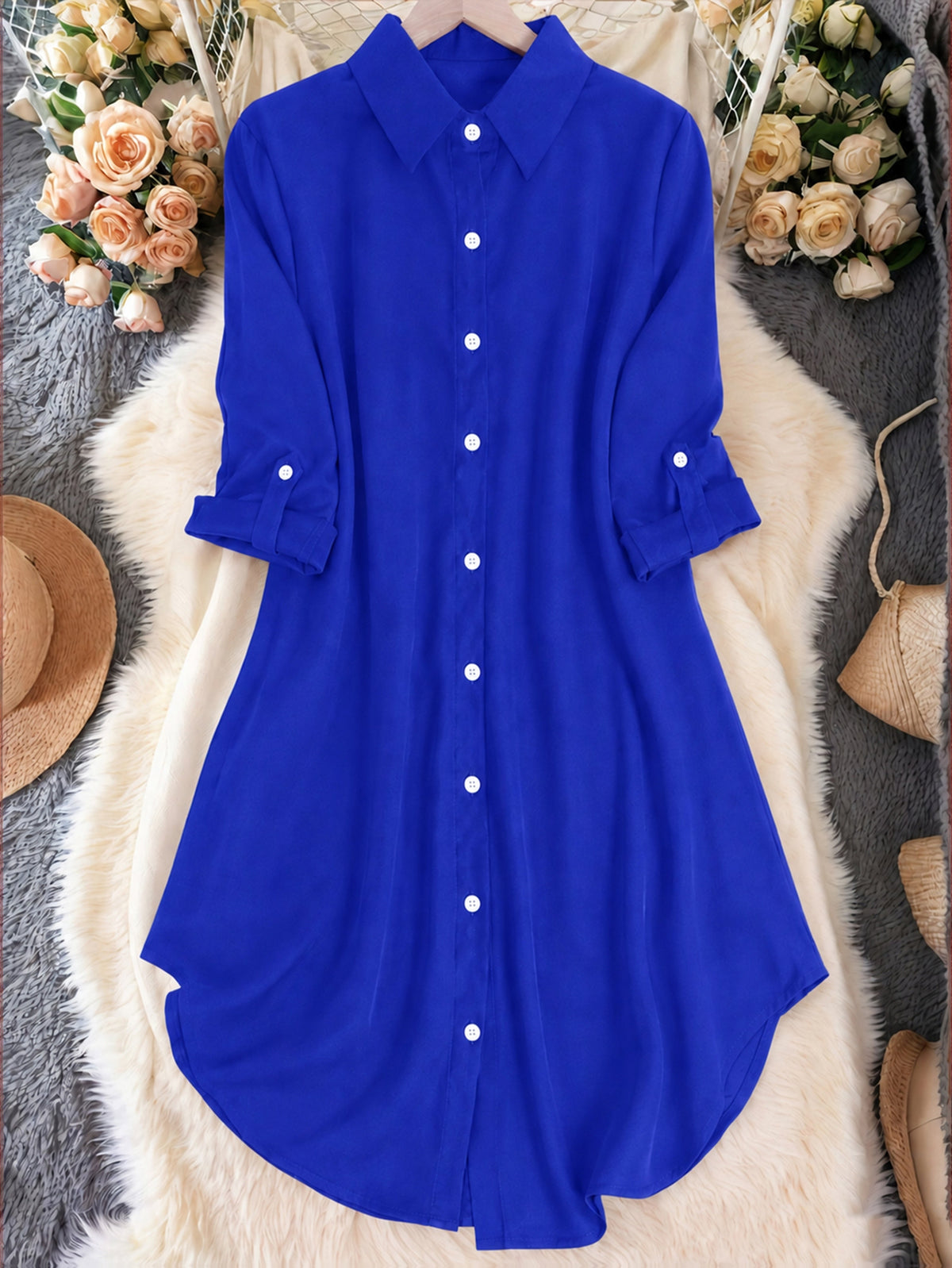 Women's Casual Lapel Shirt Solid Color Mid-sleeve Blouse All Season Versatile Loose Fit Button Down Top for Women