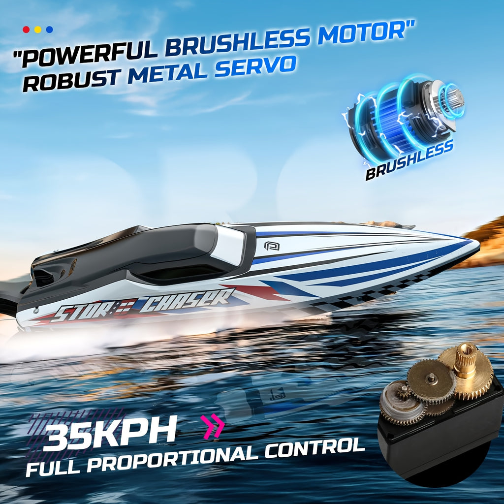 DEERC 16" Brushless RC Boat for Adults - Hobby Grade 35+ KPH Remote Control Racing Boat, 3S Power Self-Righting Metal Drive Shaft, 2x2000mAh Batteries & Carrying Case for Lakes Pools Rivers | Blue