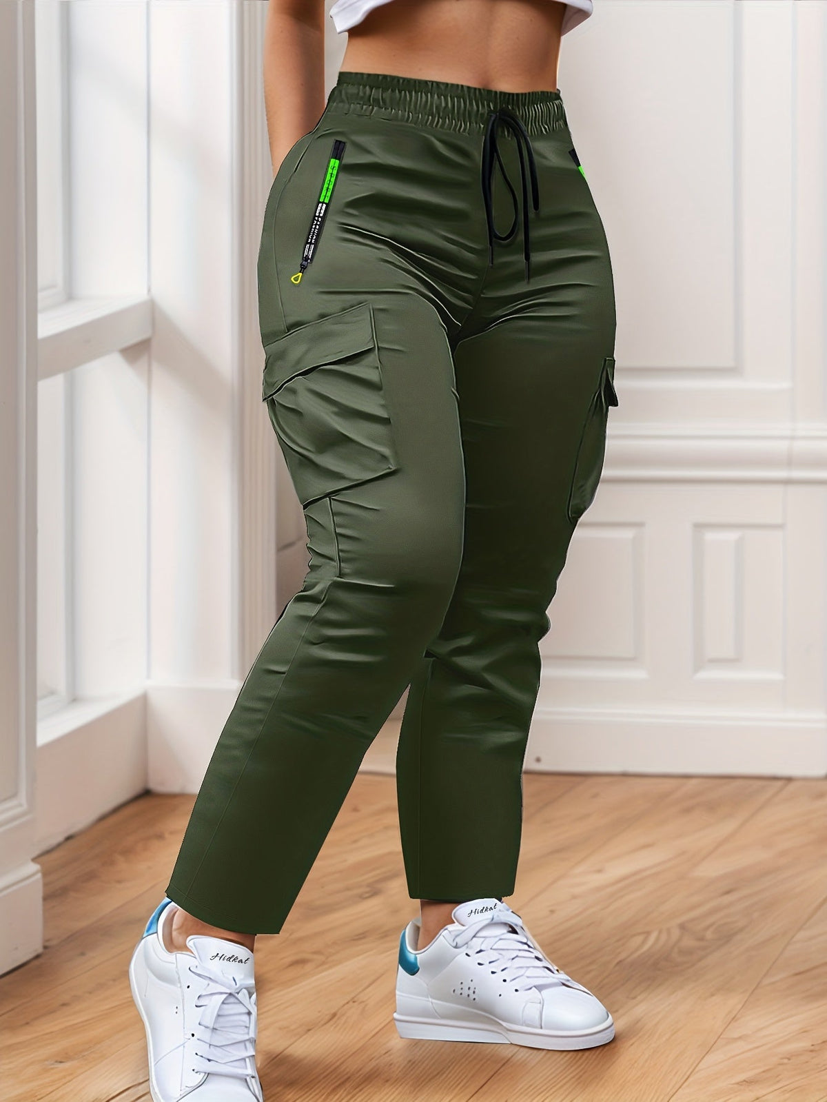 Women's Multi-Pocket Cargo Pants – Neon Green Zipper Accents, Drawstring Waist, Full-Length Outdoor Travel Trousers, 4 Colors, Sizes XS-XXL, Spring Fall Casual Streetwear