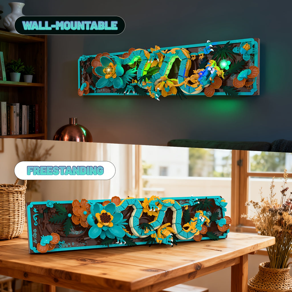 Dragon Wall Art Building Block Set 1574 Pieces LED Light Mythic Dragon Tile Frame Kit for Adults Teens Home Office Decor STEM Creative Gift Ages 14+