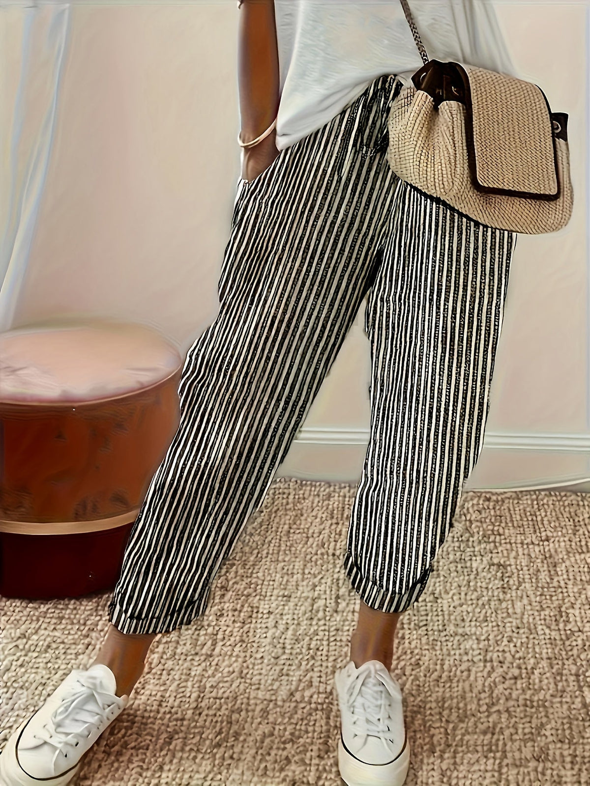 Women's Wide Leg Striped Pants Casual Loose Fit Side Stripe Lightweight Polyester Trousers for Women - Comfortable All-Season Fashion Pants S M L XL XXL Multiple Colors