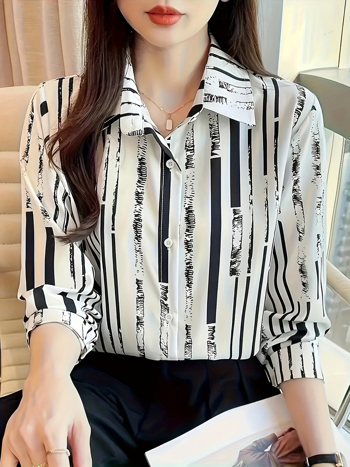 Women's Casual Striped Button-Up Shirt | Classic Lapel Long Sleeve Top for Spring Summer Autumn | Elegant Fashion Blouse for Women | Versatile Casual & Office Wear Clothing