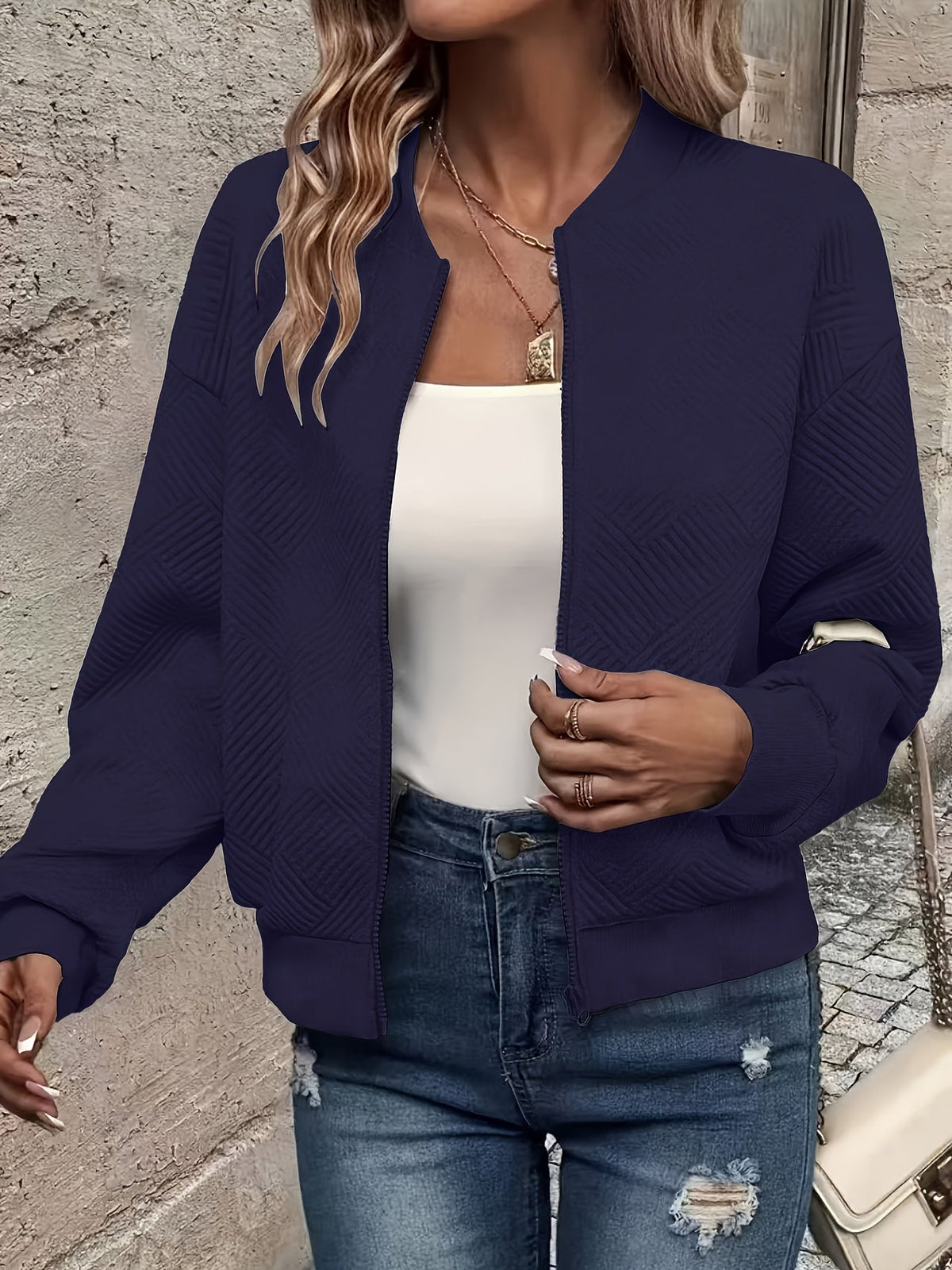 Women's Baseball Collar Zipper Jacket - Solid Color Casual Outerwear | Rib-Knit Polyester Lined Sporty Coat Fall Spring Fashion New Arrival
