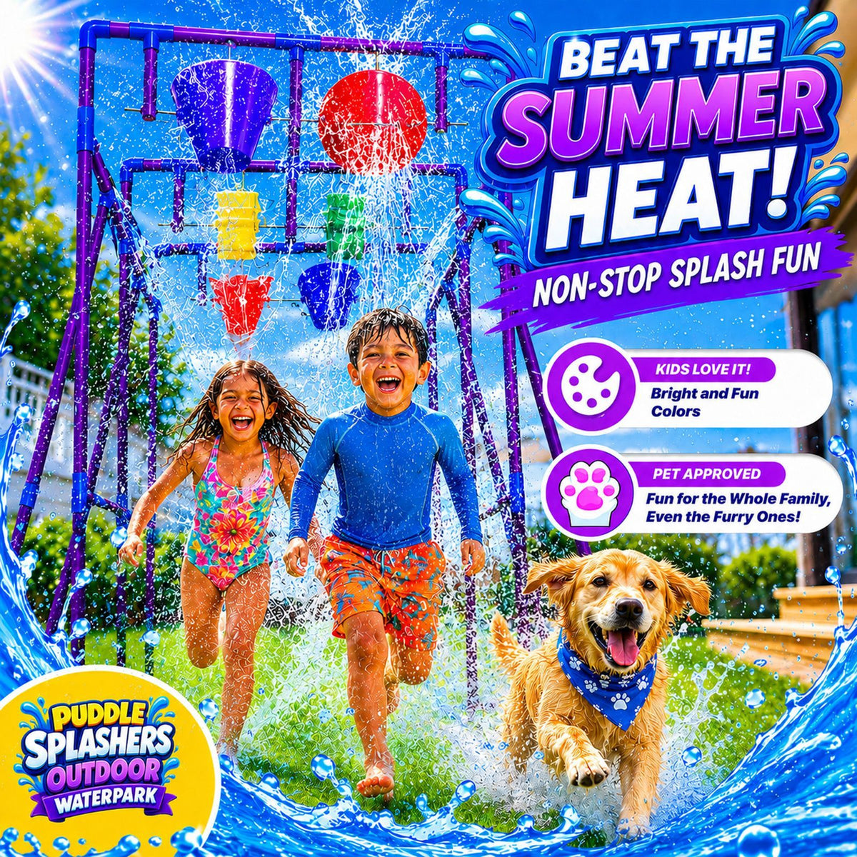 Backyard Waterpark Sprinkler Set for Kids & Family, 68"x37"x76" Outdoor Water Play Structure with 4 Dump Buckets & 2 Spinning Splash Wheels - Garden Hose Splash Pad, Summer Water Toy for Backyard Party