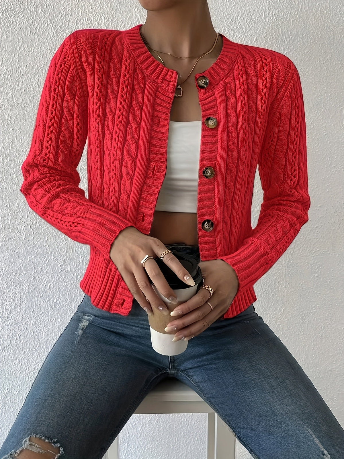 Women's Cable Knit Cardigan Sweater with Mesh Detail Open Front Long Sleeve Crew Neck Stretch Knit Casual Outerwear for Spring Fall XS-XXL