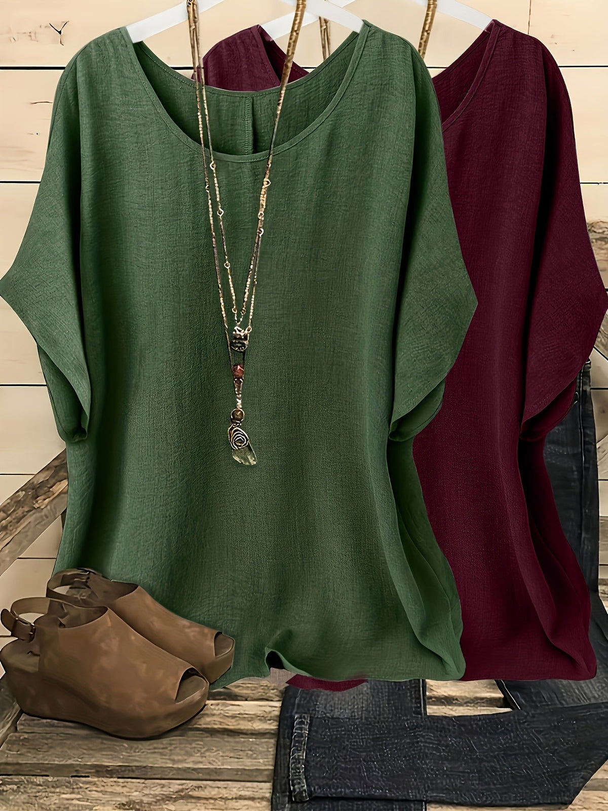 Women's Batwing Sleeve Shirt 2pcs Set Casual Vacation Round Neck Solid Color Loose Top S-XXL Multiple Colors | US Warehouse Fast Shipping