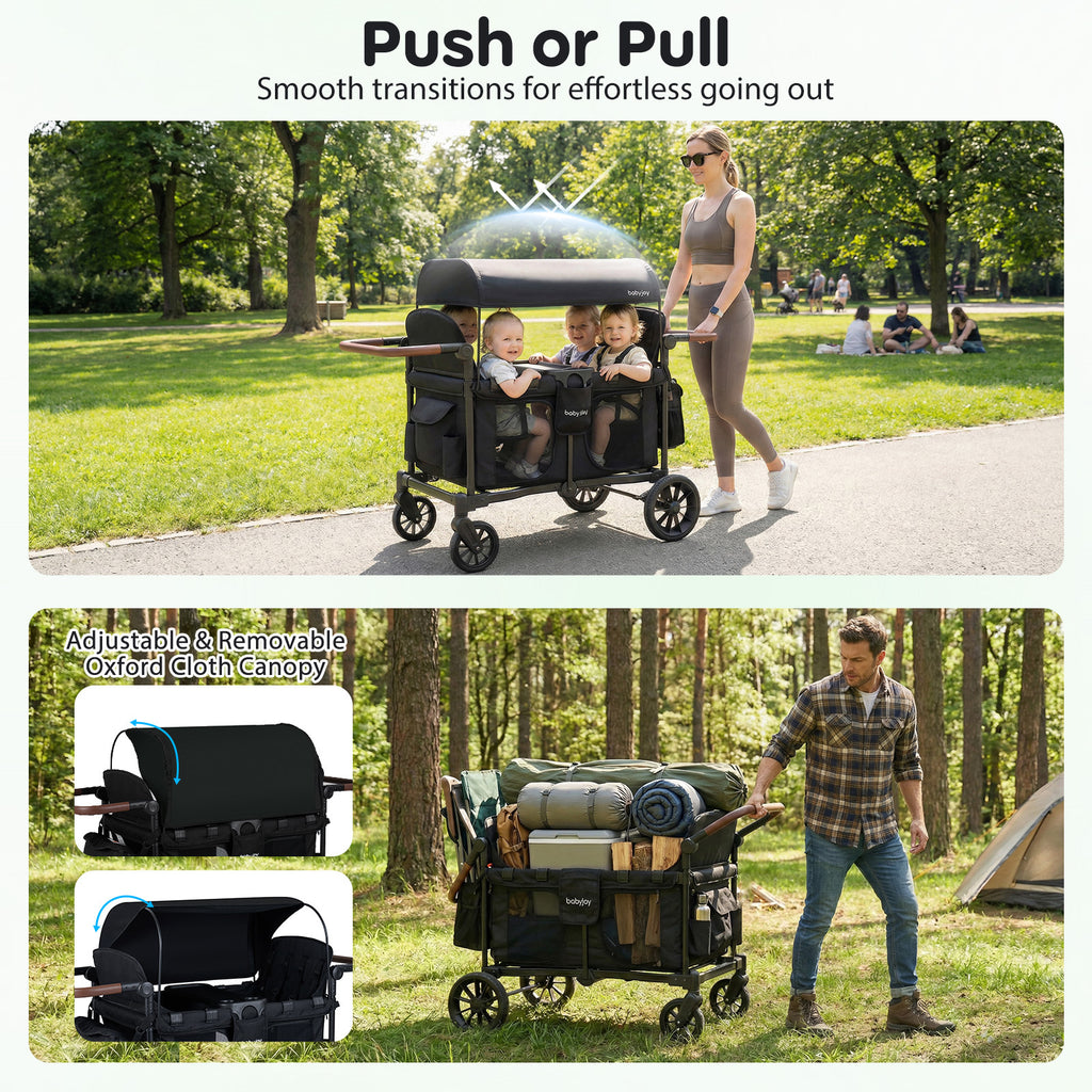4-Seater Wagon Stroller for Kids, Foldable Push-Pull Toddler Wagon with Removable Canopy, 5-Point Safety Harness, Adjustable Handles, Snack Tray & Storage Bag - Convertible Family Outdoor Cart for 4 Children