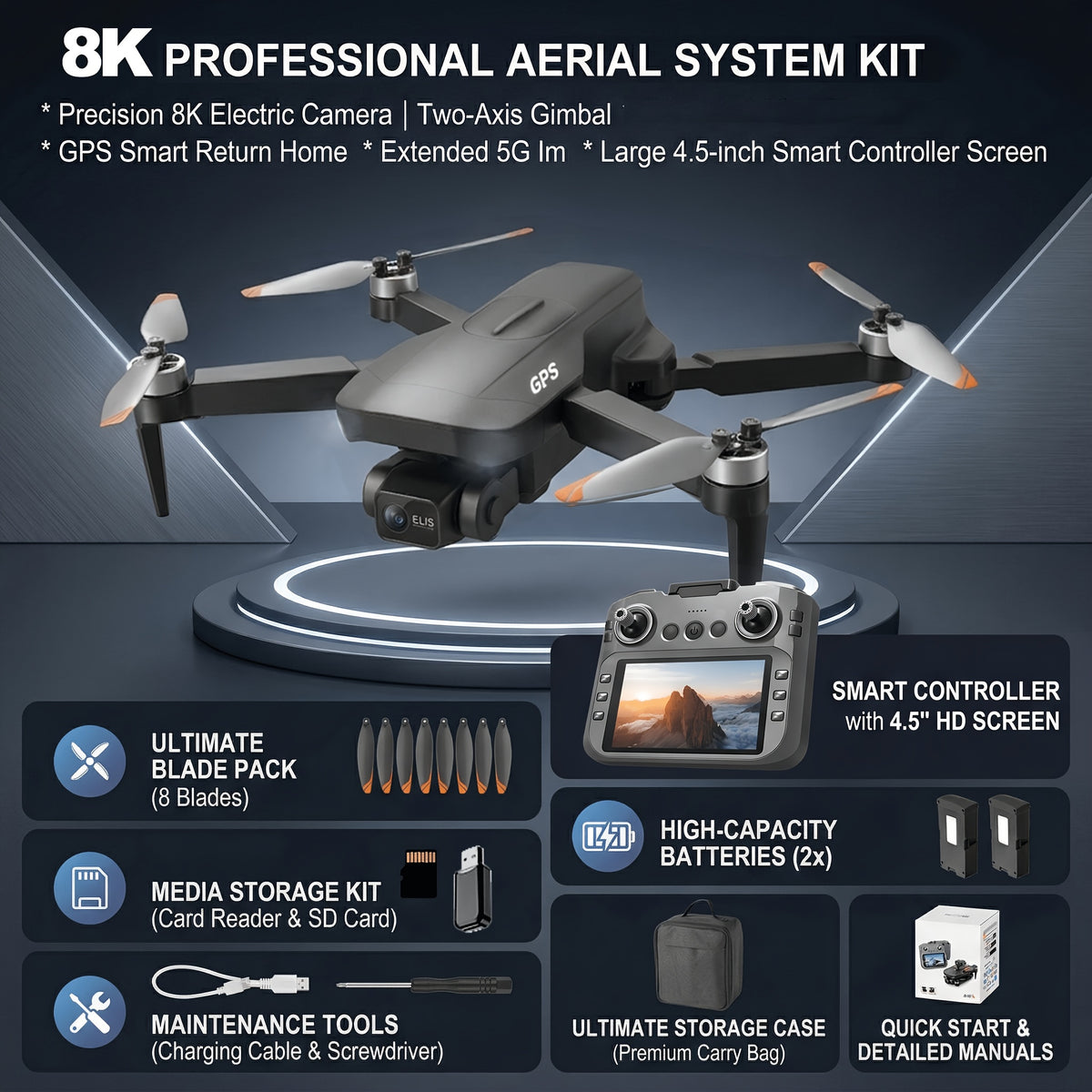 Pro 8K EIS Drone with 2-Axis Mechanical Gimbal, Optical Zoom, 5G Transmission, 4.5" Screen Remote, 40-Min Battery Life, 11811ft Control Range – Professional Aerial Camera Drone for Adults