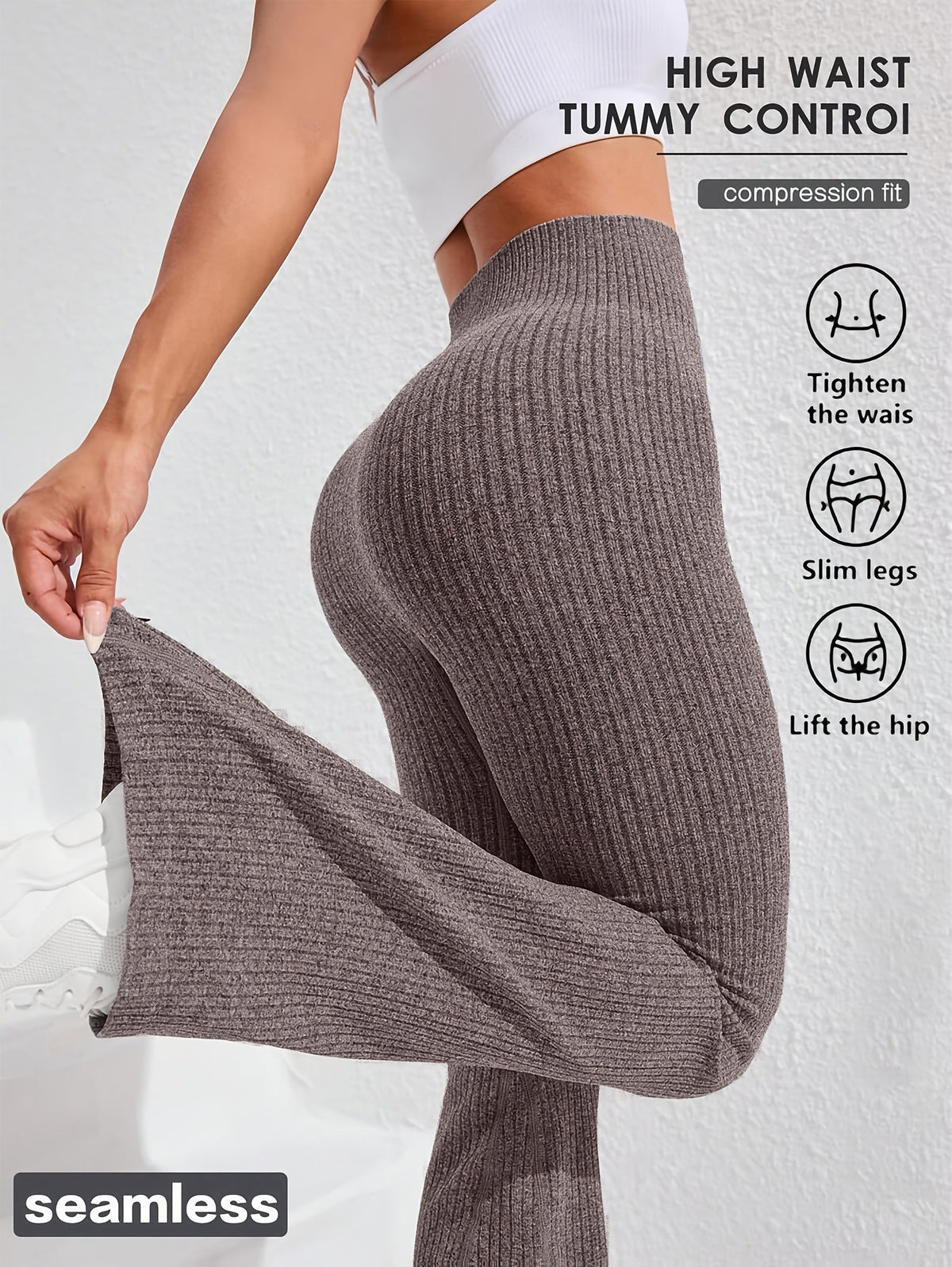 Women's High Waist Tummy Control Slim Flare Pants Textured Wide Ribbed Knit Stretch Yoga Fitness Running Casual Trousers XS-L 4 Colors