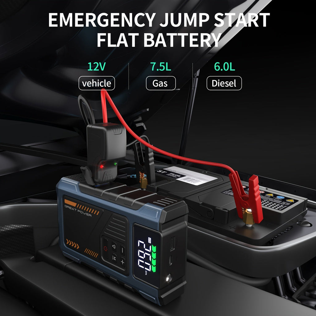 4000A Car Jump Starter with Air Compressor & Tire Inflator – All-in-One Portable Battery Booster for Gas & Diesel Engines, LED Light USB Power Bank Digital Display, Compact Emergency Car Starter