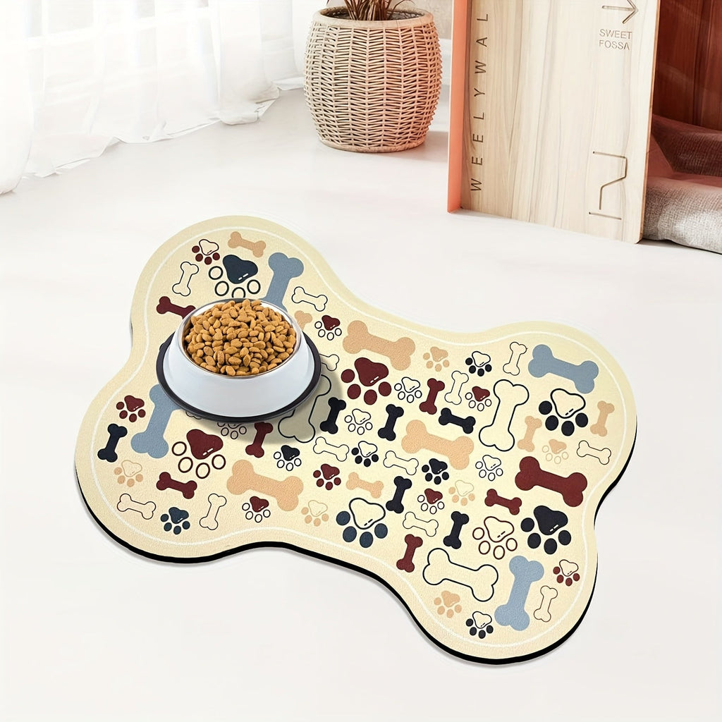 Dog Feeding Mat Non-Slip Quick-Dry Paw Print & Fishbone Design - Durable Polyester Pet Food & Water Bowl Pad for Small to Medium Dogs, Waterproof Easy-Clean Dog Placemat for Kitchen & Floor