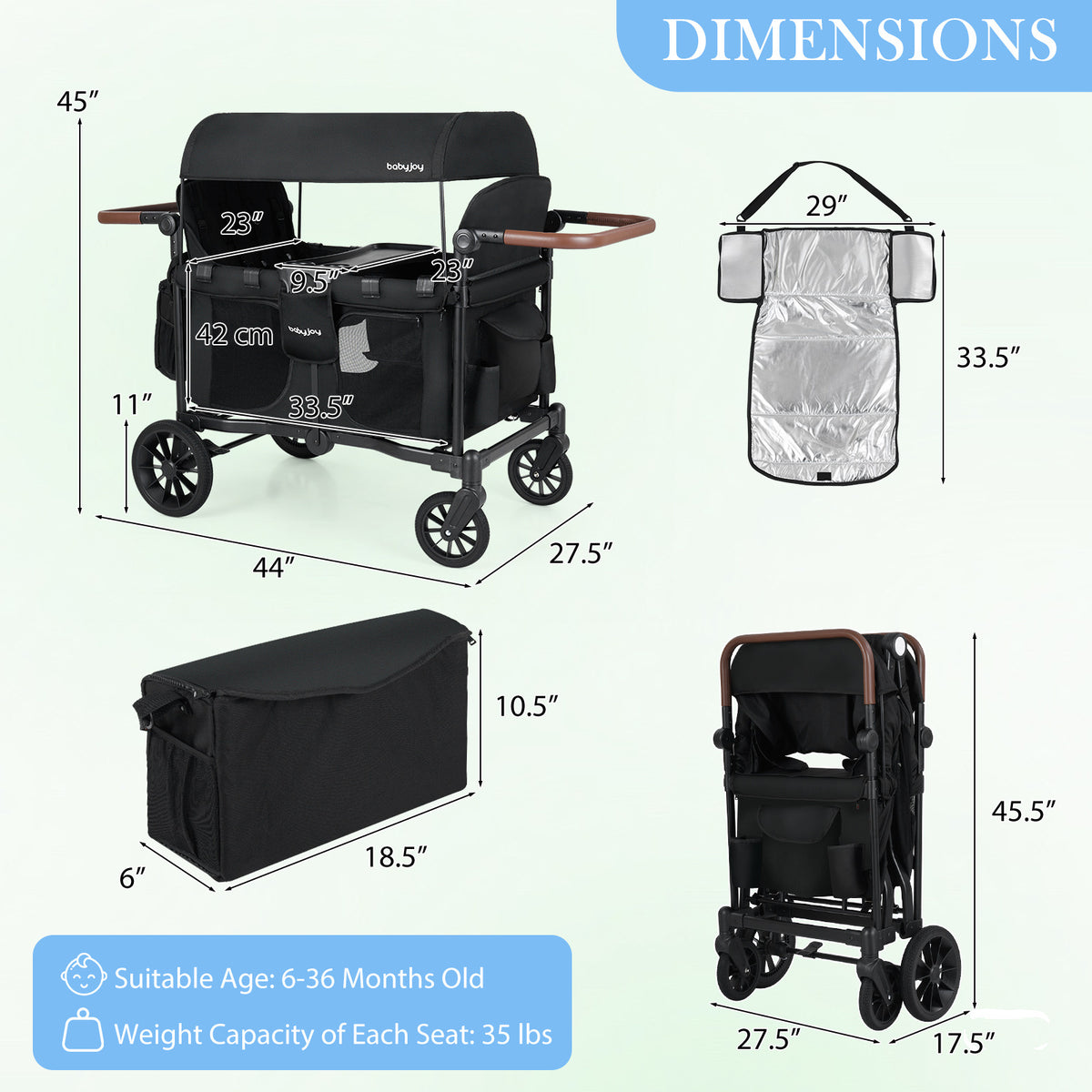 4-Seater Wagon Stroller for Kids, Foldable Push-Pull Toddler Wagon with Removable Canopy, 5-Point Safety Harness, Adjustable Handles, Snack Tray & Storage Bag - Convertible Family Outdoor Cart for 4 Children