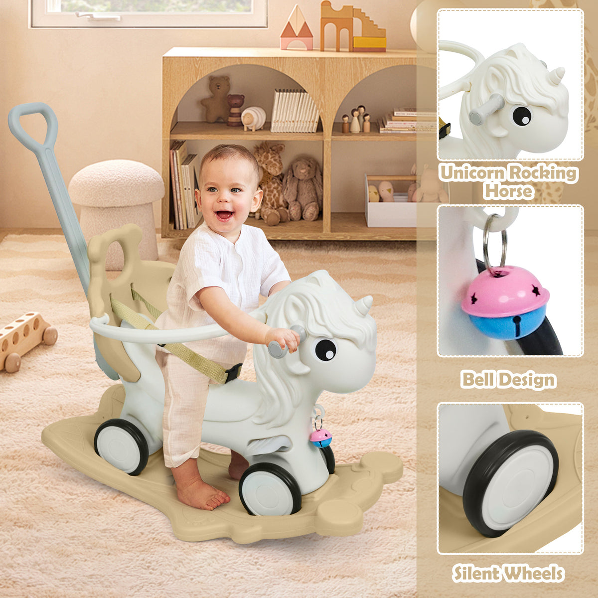 3-in-1 Rocking Horse for Toddlers 12 Months and Up - Balance Bike with Push Handle, Detachable Balance Board, Rocking Toy Ride On for Baby Boys and Girls - Green, Blue, Pink