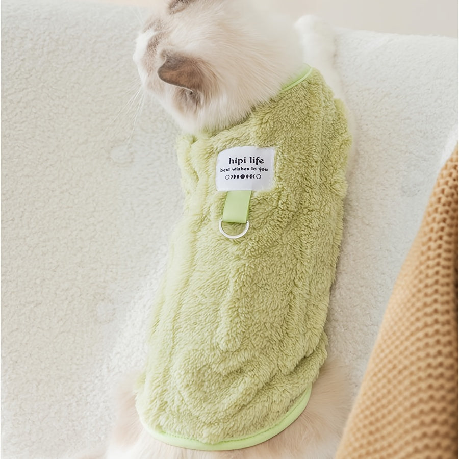 Warm Cat Vest for Autumn and Winter - Thick Fleece Pet Clothing with Heart Print and Traction Buckle, Comfortable Soft Cat Sweater Jacket for Small Cats and Kittens