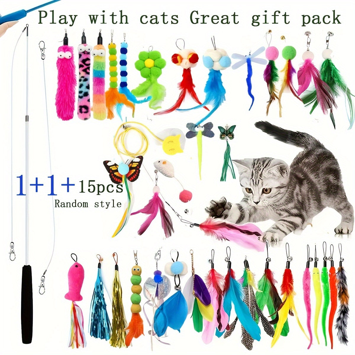 Interactive Cat Wand Toy Set Retractable Rod with Random Feather Replacement Heads for Indoor Cats Exercise Play No Battery Required Choose 5 10 15 20 or 25 Heads