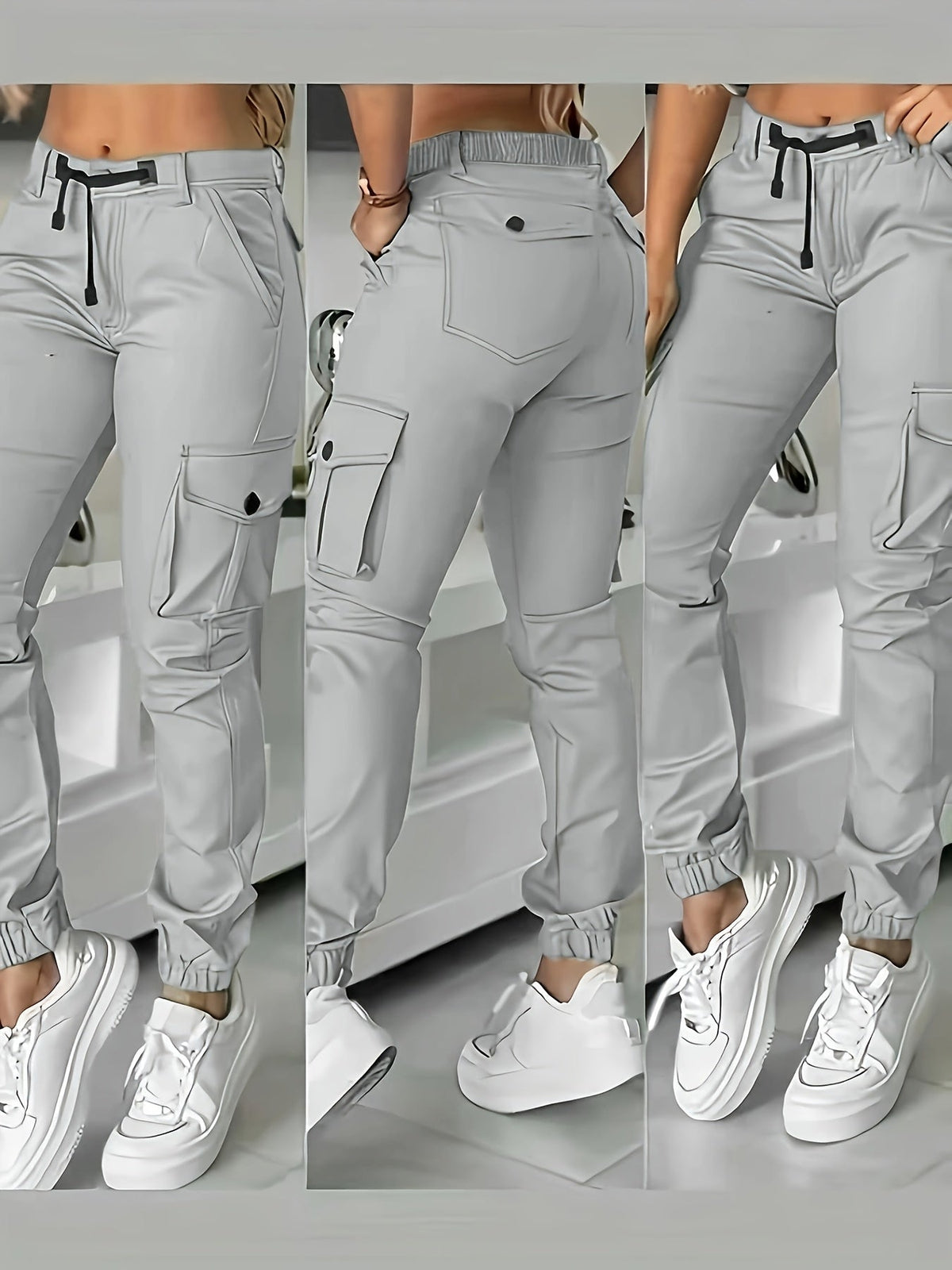 Women's Multi-Pocket Cargo Pants Casual Fashion Wide Leg Woven Trousers Olive Black White Khaki Grey S-XXL