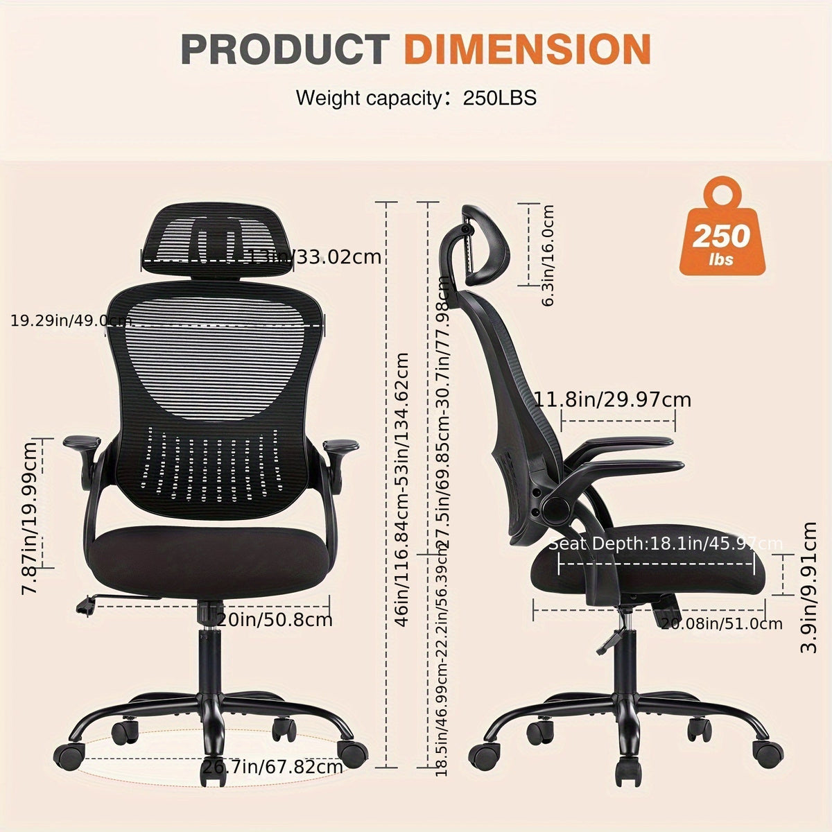 Ergonomic High Back Mesh Office Chair with Adjustable Headrest, Lumbar Support & Flip-Up Armrests – Stainless Steel Frame, Padded Seat, 5-Wheel Rolling Base – Home Office, Lab & Desk Chair (Black/Gray)