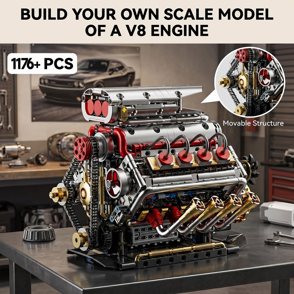 V8 Engine Building Block Kit 1176pcs - Operable Car Engine Model with Rechargeable Motor, STEM DIY Assembly Set, Desktop Display Collectible | Hobby Gift for Mechanics & Engineering Enthusiasts