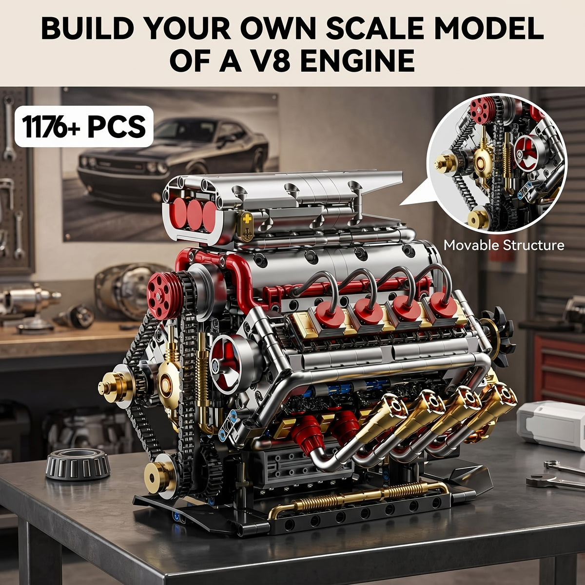 V8 Engine Building Block Kit 1176pcs - Operable Car Engine Model with Rechargeable Motor, STEM DIY Assembly Set, Desktop Display Collectible | Hobby Gift for Mechanics & Engineering Enthusiasts