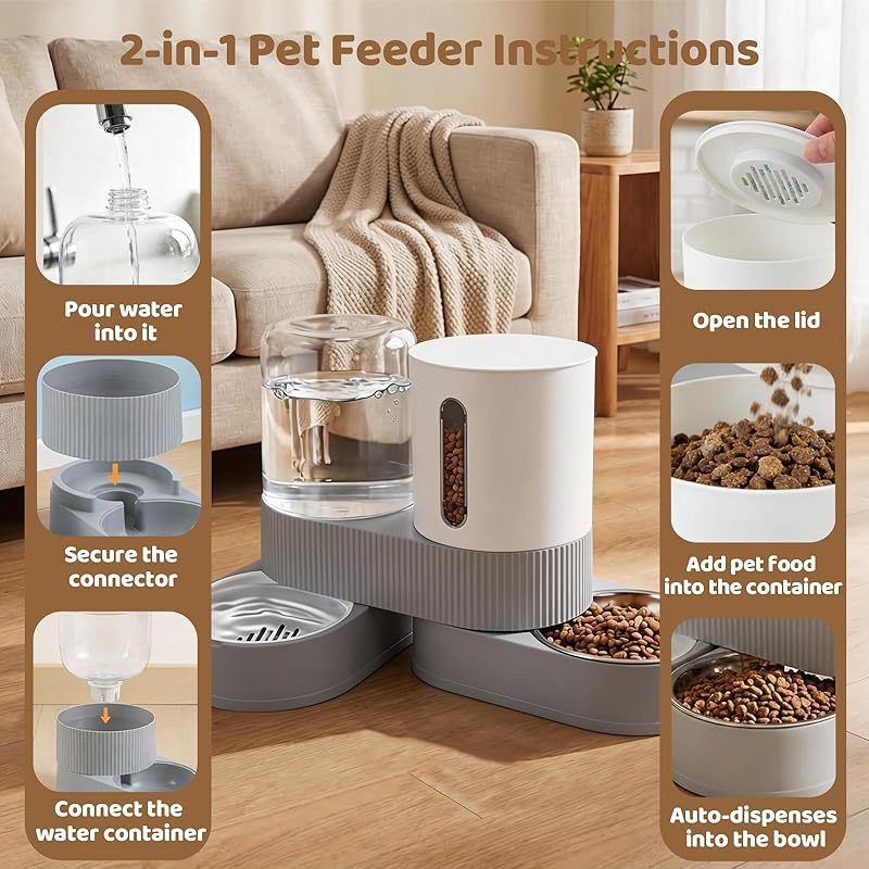 Gravity Cat Feeder 2 Pack - Automatic Food Feeder and Water Dispenser Set with Detachable Pet Bowl & Silicone Mat for Cats Small Medium Dogs Large Capacity Gravity-Fed No Electricity Needed Pet Feeding Station