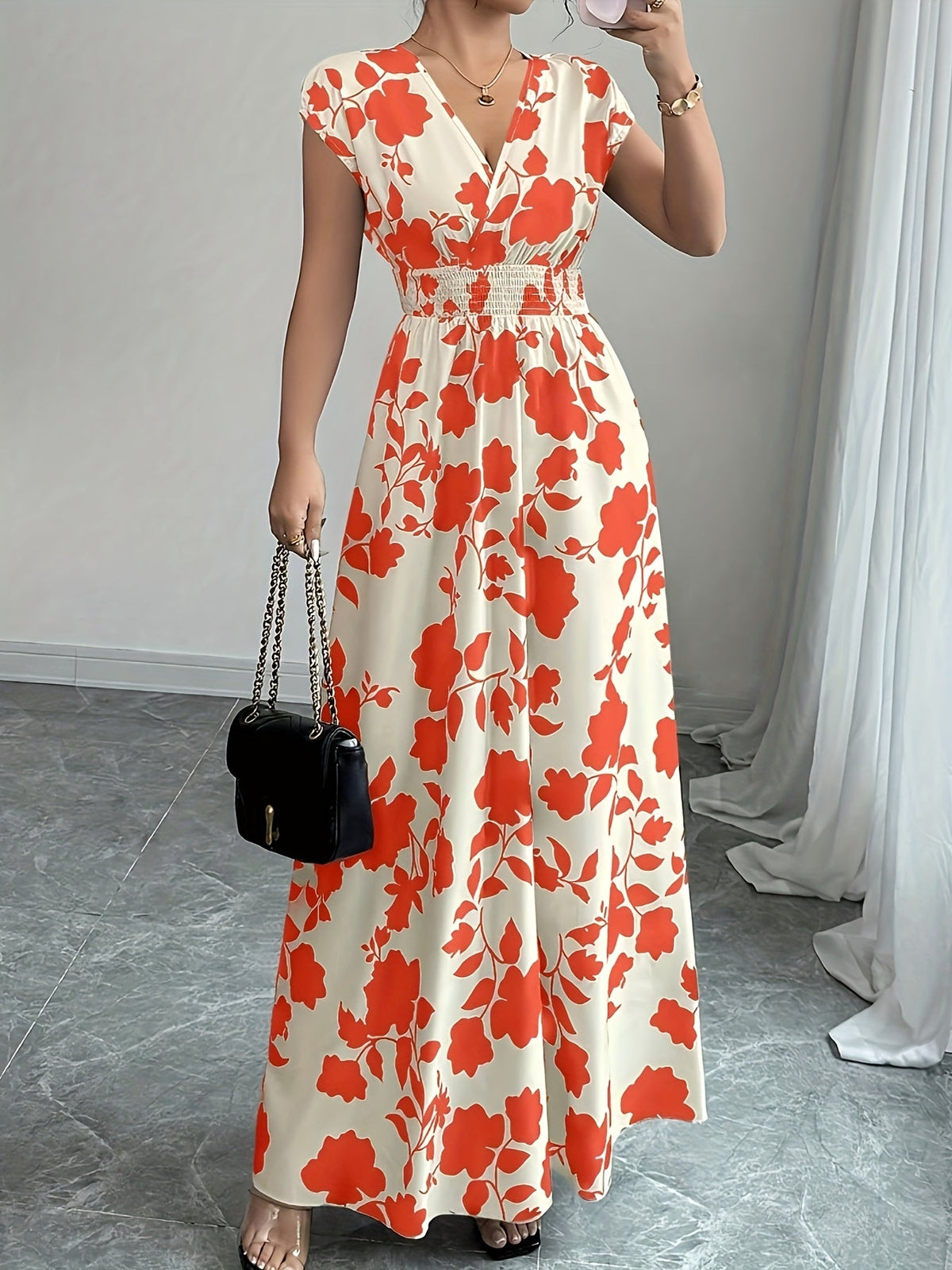 Women's Pink Floral Maxi Dress - V-Neck Short Sleeve Cinched Waist A-Line | Elegant Casual Formal Spring Fall Flowing Dress New Arrival