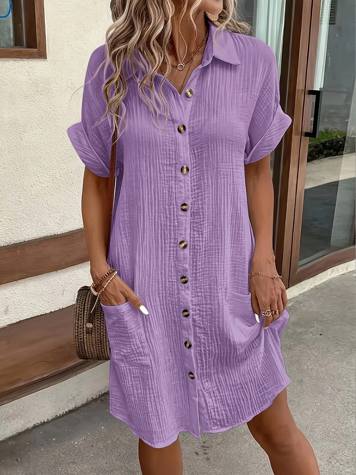 Women's Solid Color Lapel Collar Button-Down Sleeveless Shirt Dress – Breathable Knee-Length Vintage Flutter Sleeve Casual Dress for Spring Summer
