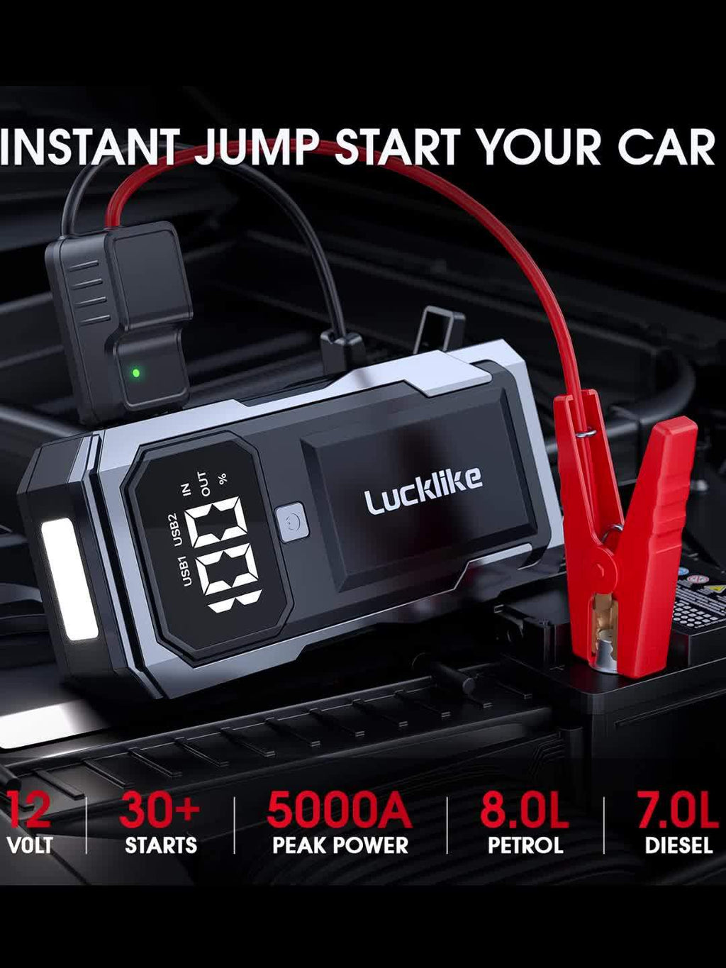 5000A Portable Car Jump Starter & 12V Battery Charger – 3000A Peak, QC3.0 Quick Charge, Intelligent Jumper Cables, LED Light & Power Bank for Gas & Diesel Engines Up to 8.0L