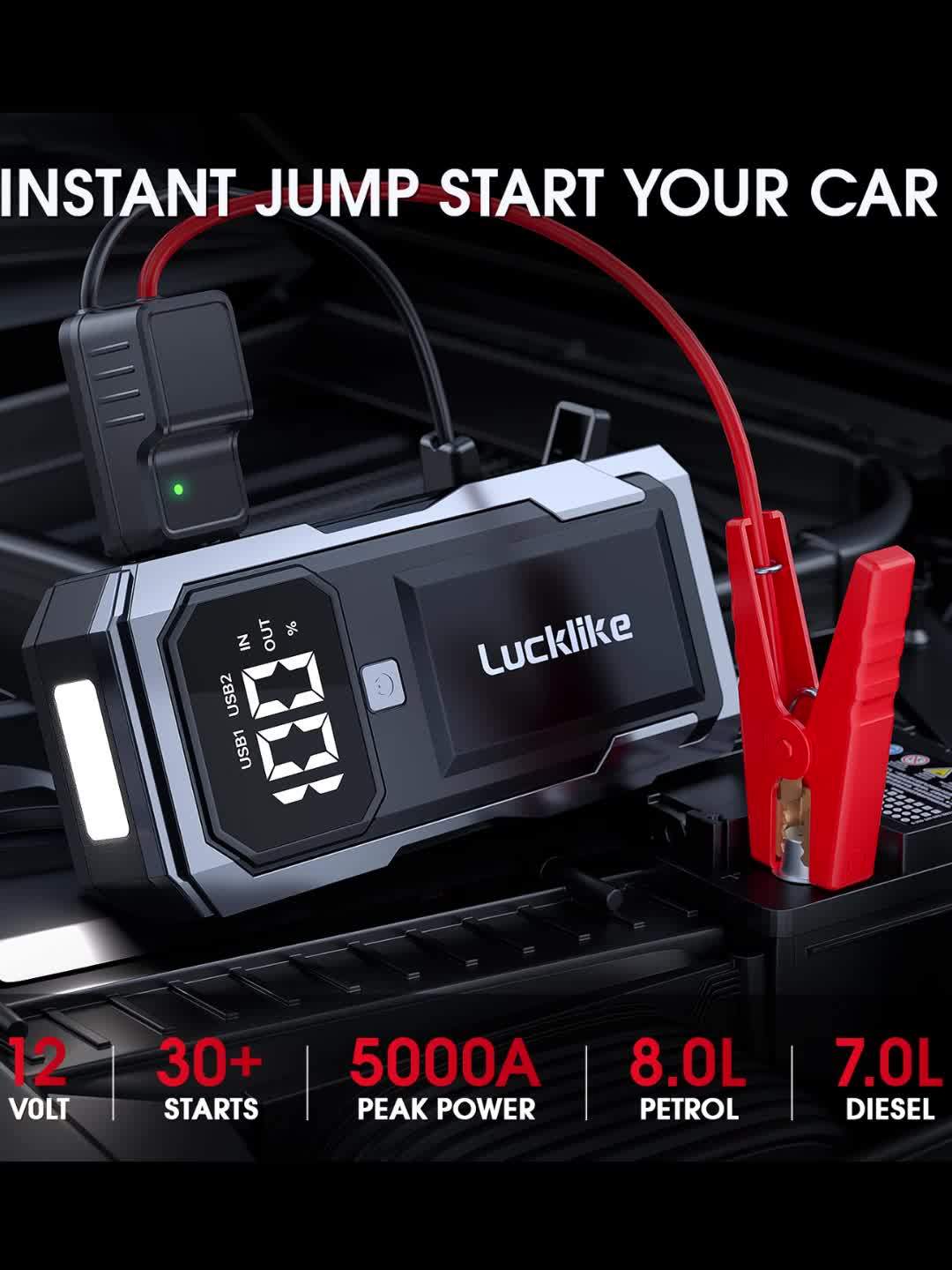5000A Portable Car Jump Starter & 12V Battery Charger – 3000A Peak, QC3.0 Quick Charge, Intelligent Jumper Cables, LED Light & Power Bank for Gas & Diesel Engines Up to 8.0L