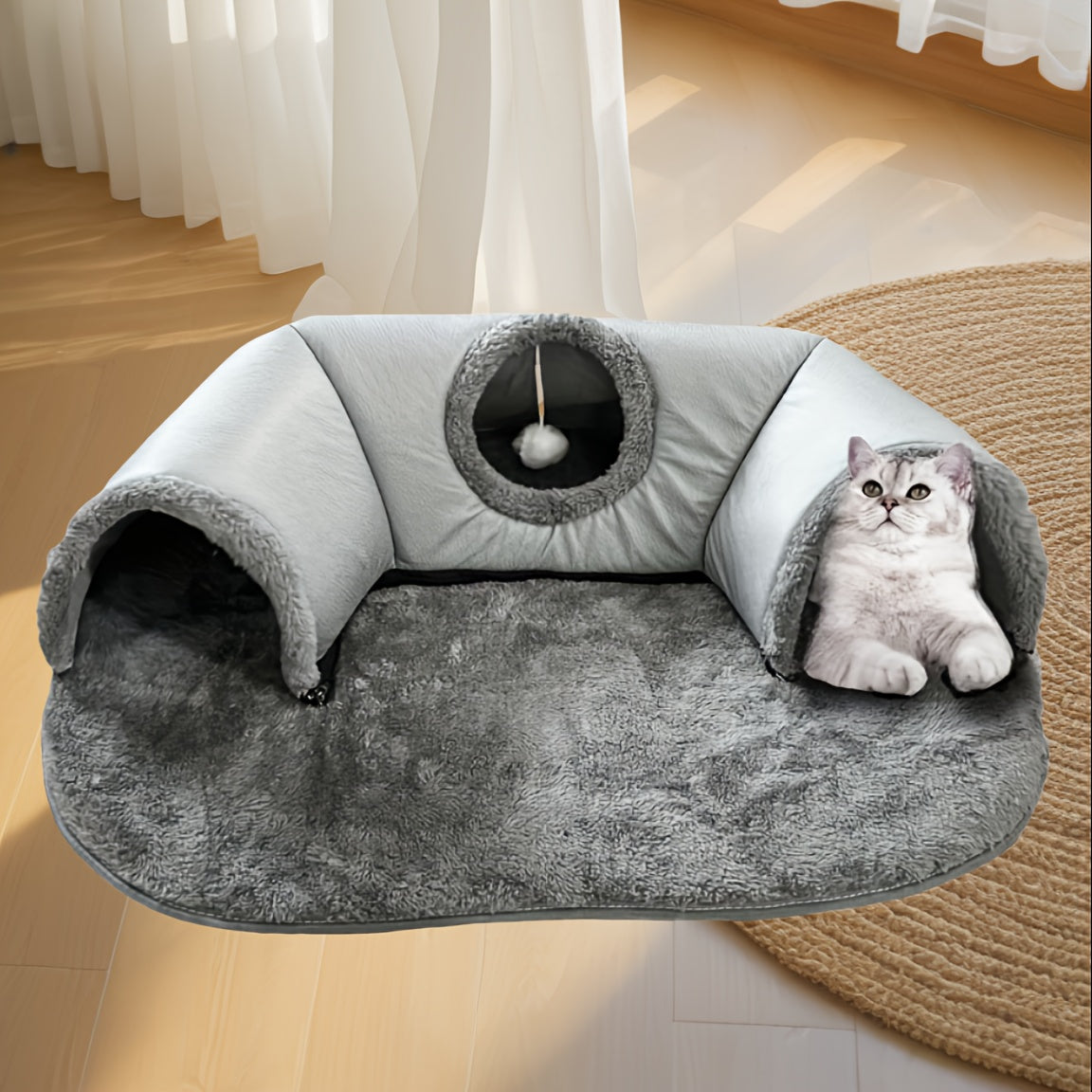 3-in-1 Cat Tunnel Bed with Play Mat & Warm Nest – Cozy Collapsible Cat Cave with Non-Slip Bottom for Small to Medium Cats, Rabbits & Hamsters, Indoor Pet Hideaway