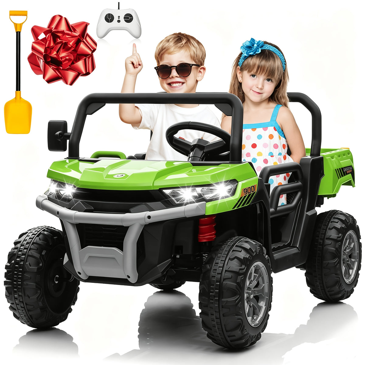 24V Kids Ride-On Dump Truck with Motorized Lifting Bed, Detachable Trailer & Bluetooth Music – Electric Quad Vehicle for Boys & Girls Ages 3-8, Forward/Reverse, Wear-Resistant Wheels