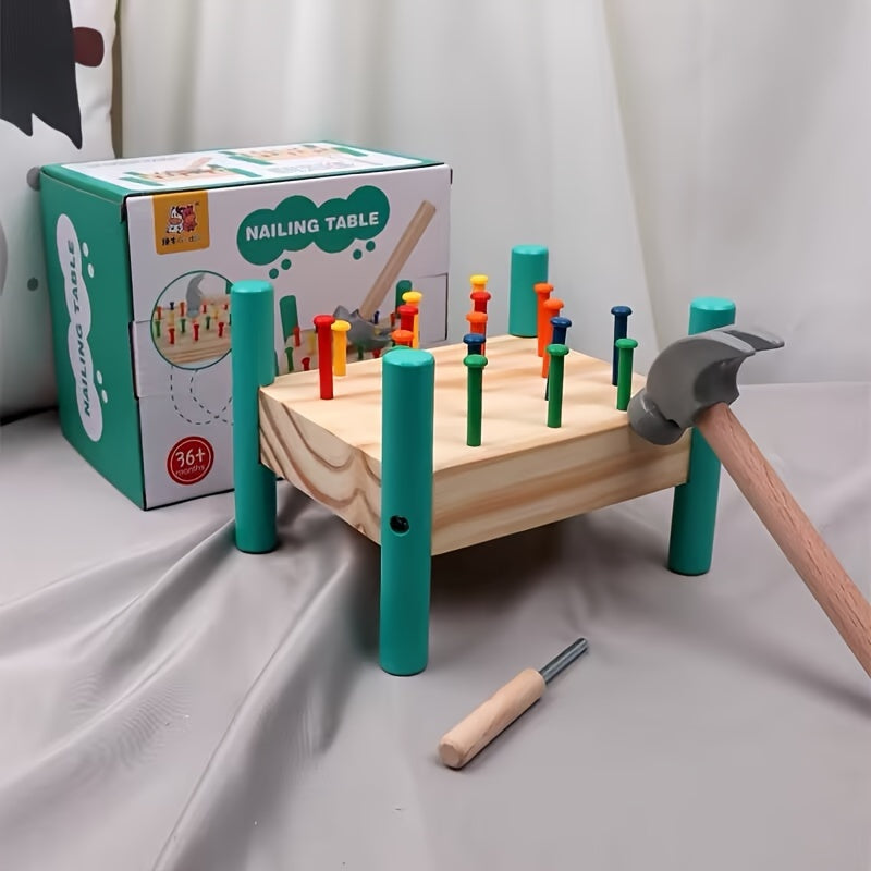 Pounding Table Toy for Toddlers Five-Color Knocking Nail Hammer Set Color Recognition Hand-Eye Coordination Parent-Child Interactive STEM Educational Toy Birthday Christmas Gift for Kids