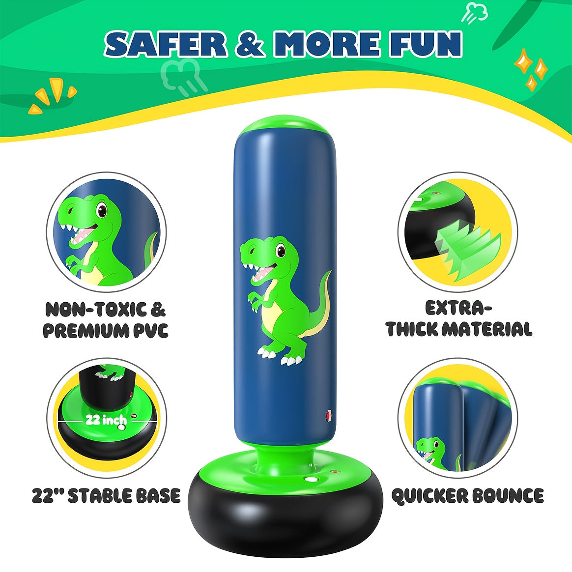 Dinosaur Inflatable Punching Bag 48 Inch for Kids – Stable Bop Bag Boxing Set with Gloves for Karate, Taekwondo & Active Play, Fun Dinosaur Toy Gift for Boys & Girls, Blue & Red