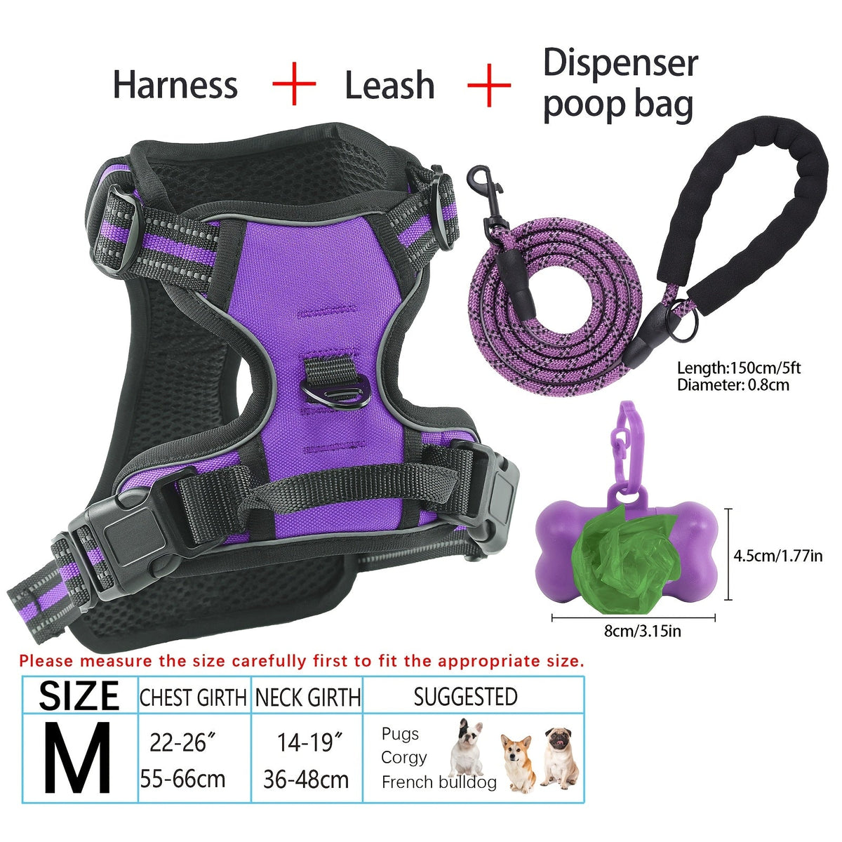 4-Piece Dog Harness and Leash Set No-Pull No-Choke Reflective Oxford Vest Harness with Leash Poop Bag Dispenser Easy Control Handle for Medium Large Dogs Outdoor Training Walking
