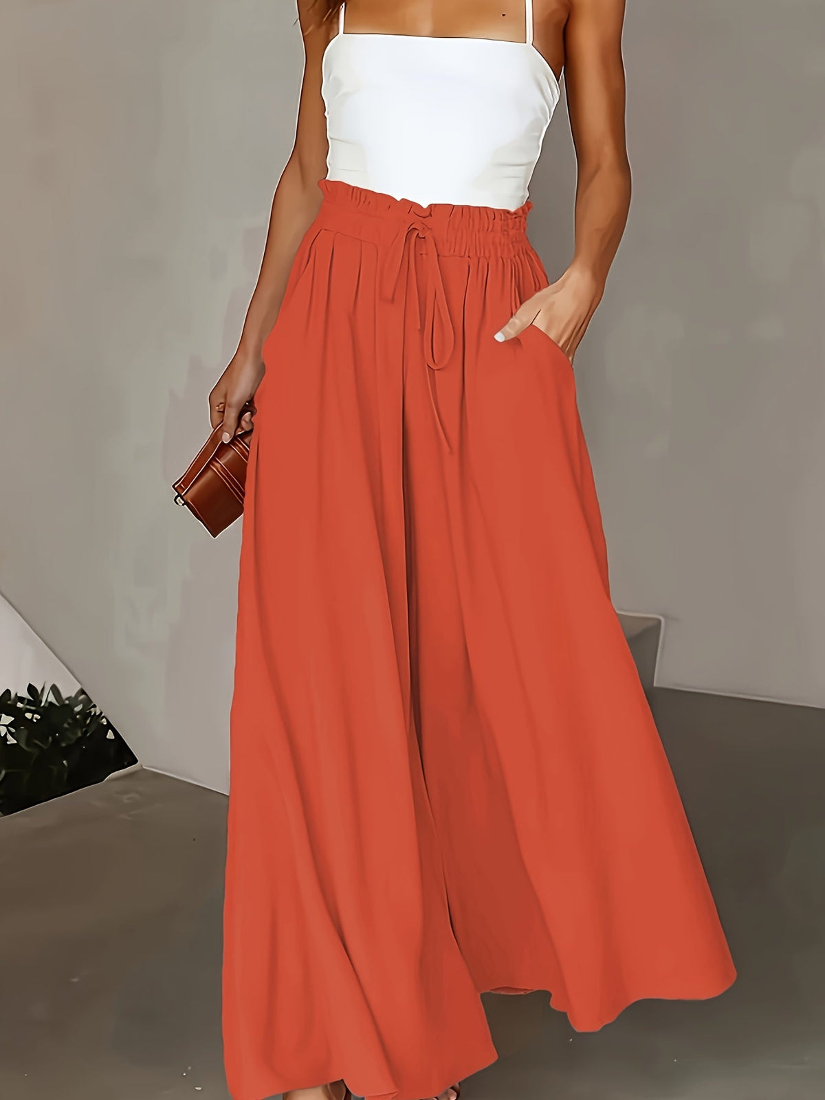 Women's High-Waist Wide-Leg Pants – Elegant Loose Fit Solid Color Flowy Trousers with Pockets for Spring Summer Office Casual