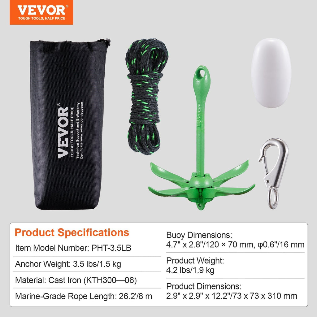 VEVOR Kayak Anchor Kit 3.5 lb Folding 4-Fluke with 26.2 ft Marine Rope, Buoy & Snap Hook - Corrosion-Resistant Paddle Board Anchor for Kayaks, Canoes, SUP & Small Boats