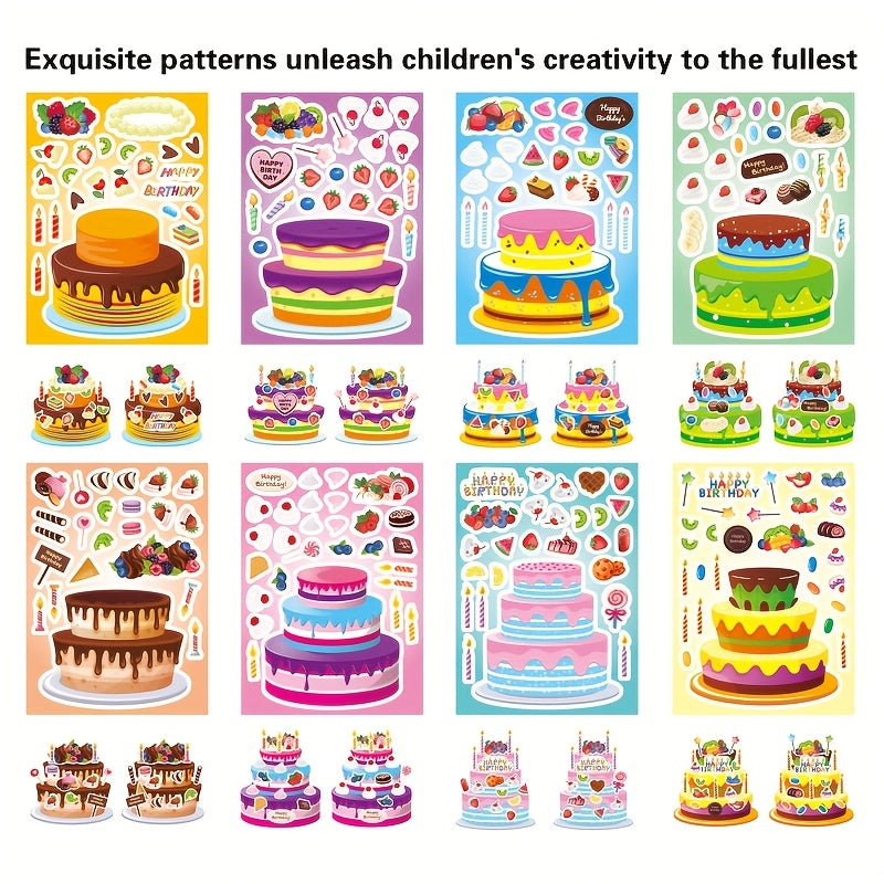 Birthday Cake Stickers for Kids 24 Sheets – DIY Make Your Own Cake Decoration Sticker Set with Fruit, Candy & Candles, Happy Birthday Party Favors, Classroom Teacher Reward Stickers, Fun Gift for Boys Girls