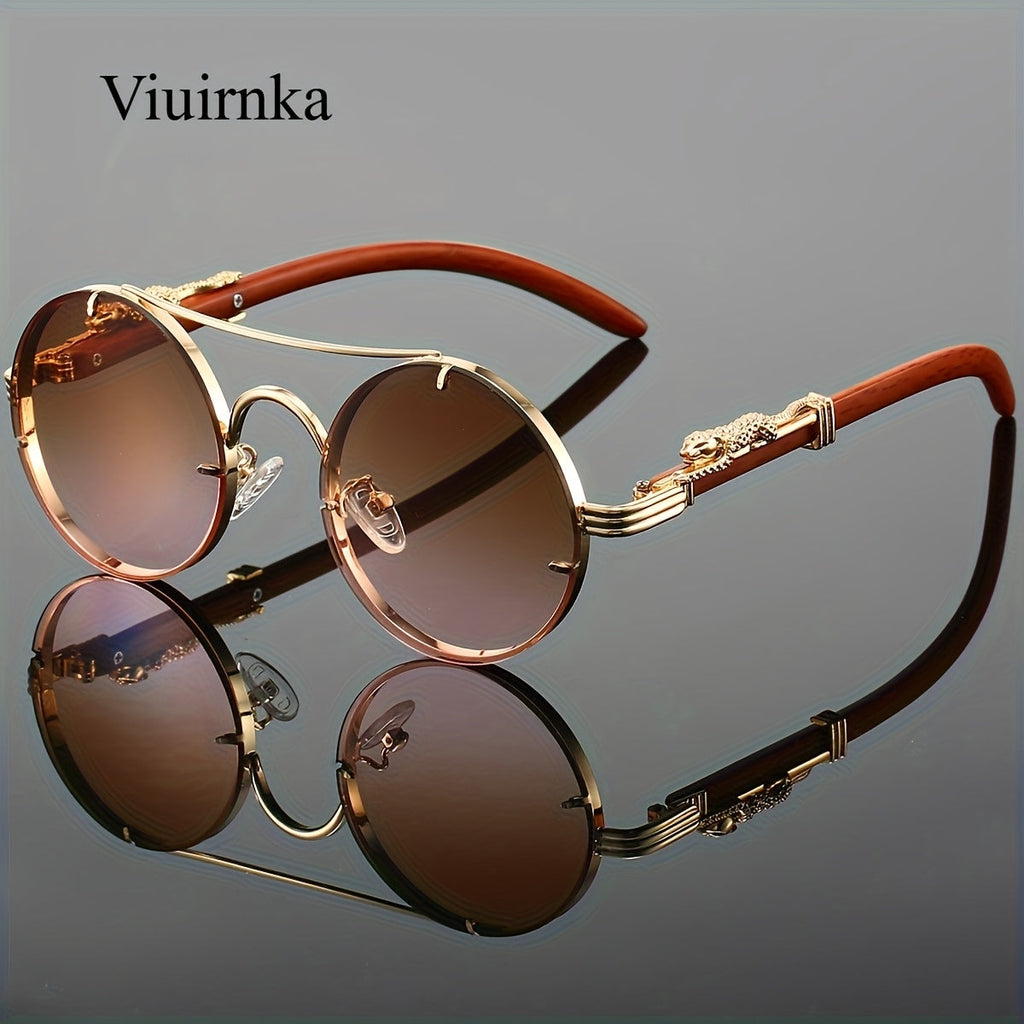 Round Metal Frame Sunglasses with Gradient PC Lenses Double Bridge Leopard Hinges Unisex Trendy Eyewear with Protection Case for Women and Men Vacation Street Style
