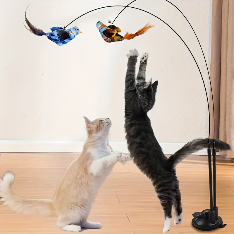 Cat Bird Hunting Toy with Double Rod & Suction Cup Base - Hands-Free Interactive Teaser with Bell Artificial Bird Feather for Cats Kittens Indoor Outdoor Exercise Training Random Color