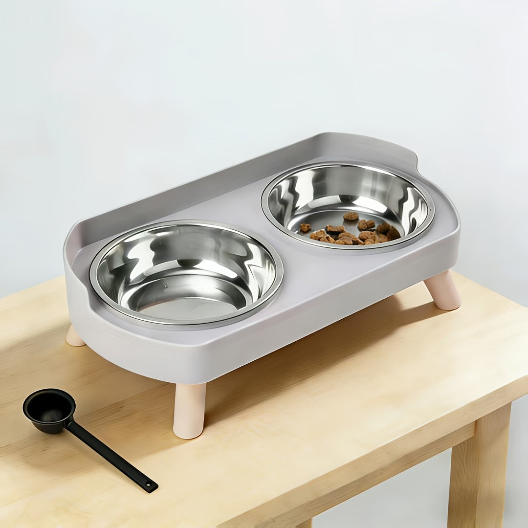 Elevated Cat Bowls Raised Stainless Steel - Double Cat Food and Water Bowl Set, Anti-Vomit Neck Protection, Non-Slip Feeder Stand, Splash-Proof Dishwasher Safe, Includes 2 Bowls & Pet Food Scoop for Indoor Cats