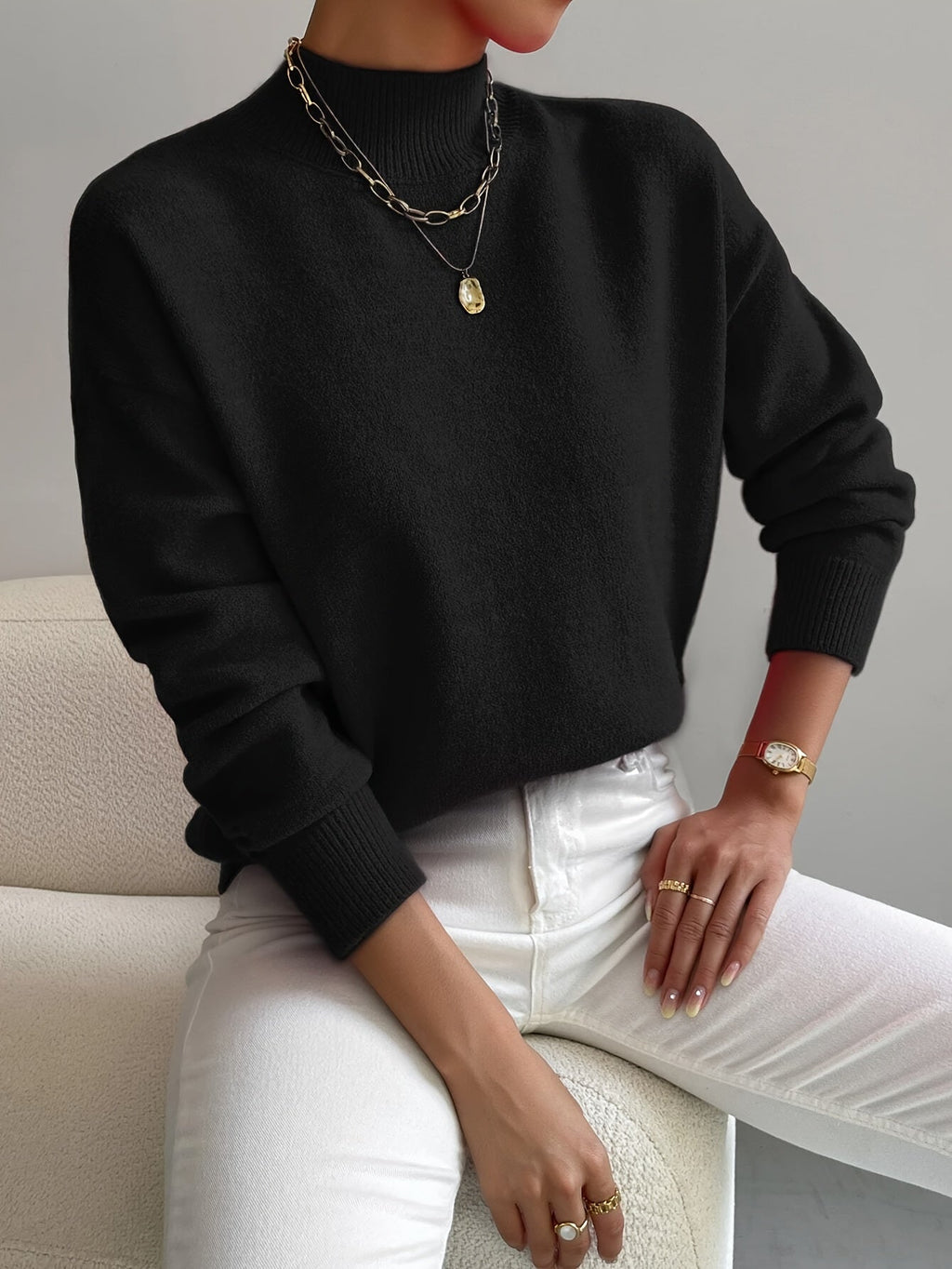 Women's Solid Color Mock Neck Drop Shoulder Pullover Sweater – Long Sleeve Knit Acrylic Blend Cozy Fall Winter Top
