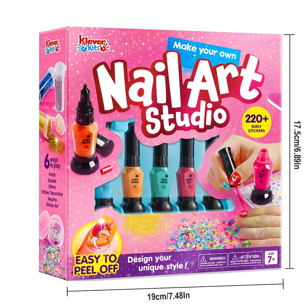 Kids Nail Art Kit for Girls Non-Toxic Nail Polish Set with Glitter Stickers Sequins 220+ Designs 6 Color Pens Children Nail Studio Birthday Christmas Gift Ages 7 and Up