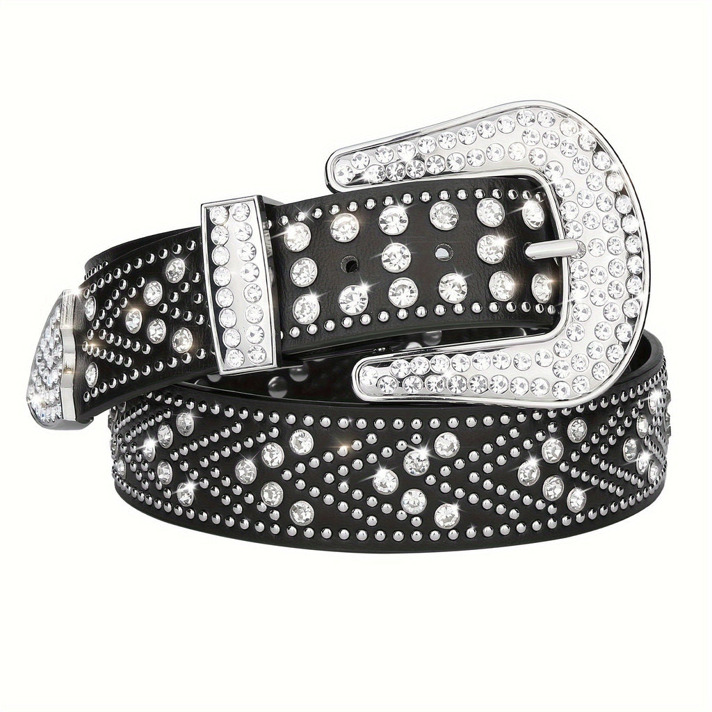 Studded Rhinestone Belt for Men & Women – Bling Y2K Western Cowboy Cowgirl Faux Leather Belt with Gold Metal Buckle, Punk Style, Sizes 28–44