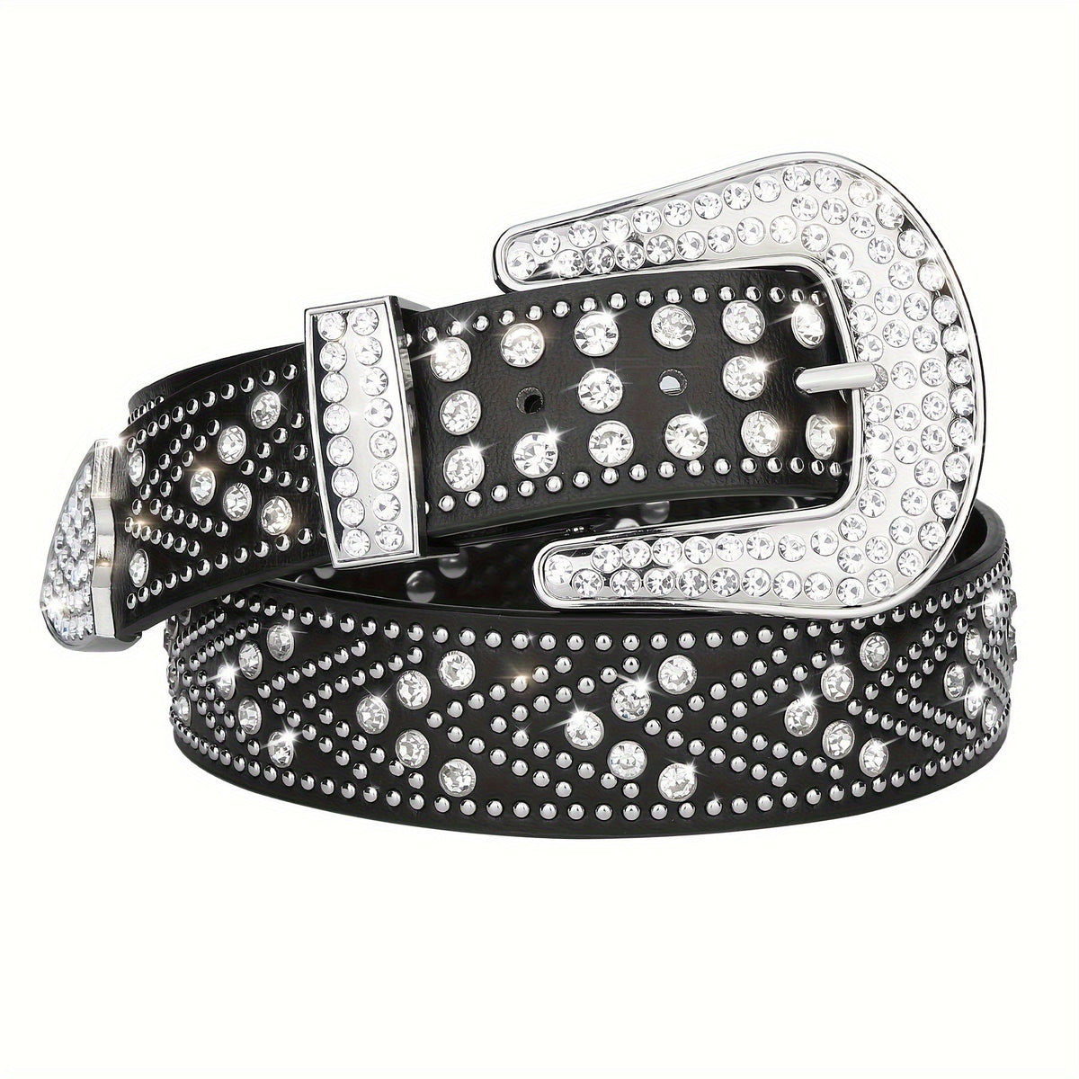 Studded Rhinestone Belt for Men & Women – Bling Y2K Western Cowboy Cowgirl Faux Leather Belt with Gold Metal Buckle, Punk Style, Sizes 28–44