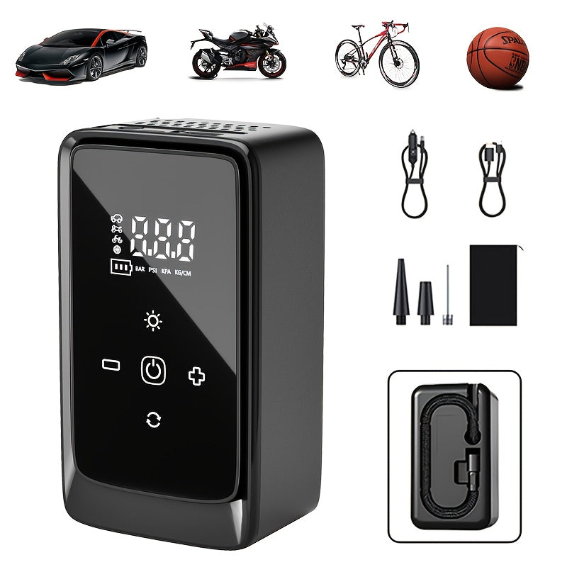 Portable Cordless Tire Inflator – Smart Wireless Air Compressor with Digital Tire Pressure Gauge & LED Light for Cars, Motorcycles, Bicycles & Balls, Type-C Fast Charging