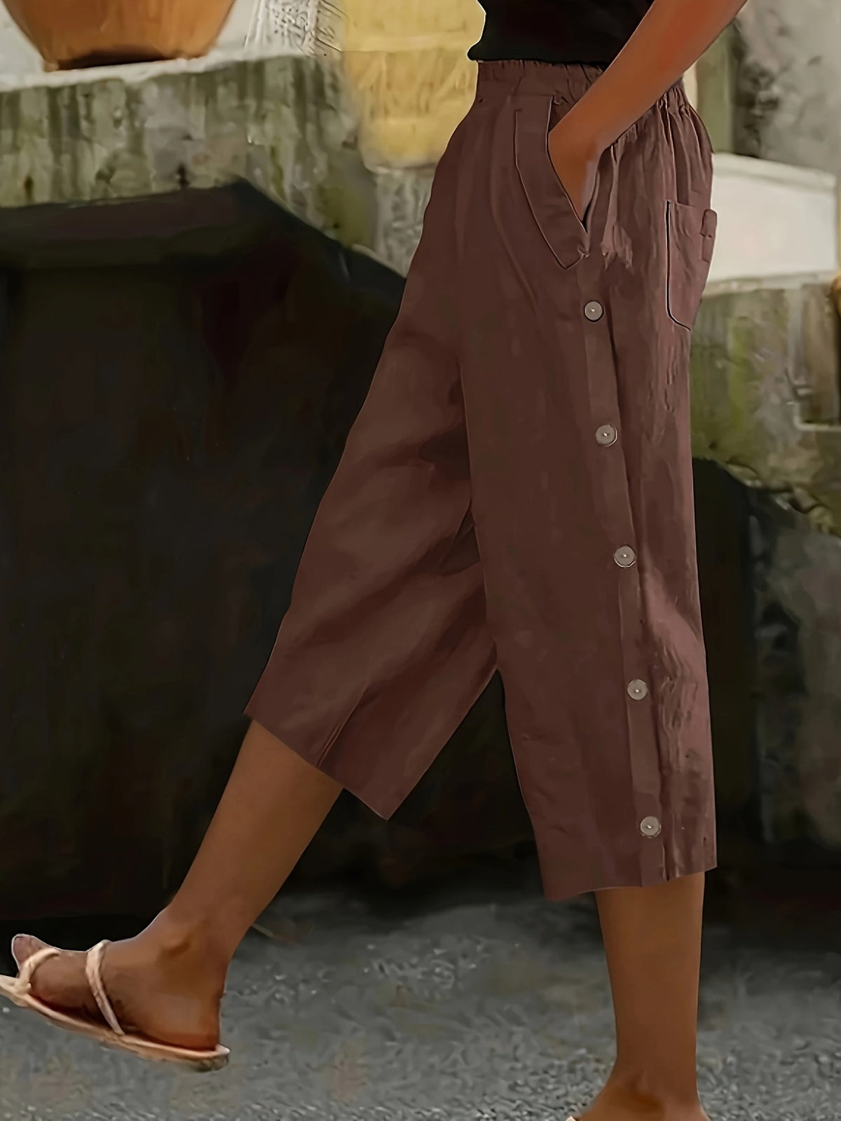 Women's Capri Pants Elastic Waist Button Decoration Casual All-Season Comfort Pants with Pockets Black Olive Green Navy Coffee Off-White S M L XL XXL