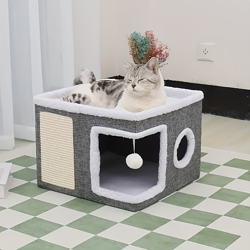 Luxury Multi-Level Cat House Indoor Outdoor 2-Layer Bed Toy Tunnel Foldable Sofa Cat Scratching Board Climbing Rope Soft Cushion Cat Play Cube Weatherproof Nylon Frame Cat Arch Stairs